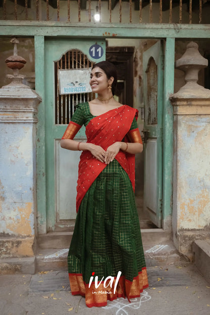 Sayuri Silk Cotton Half Saree - Bottle Green And Red Sarees