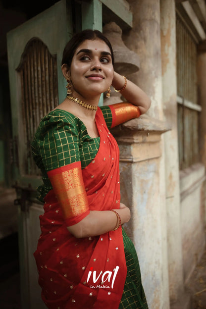 Sayuri Silk Cotton Half Saree - Bottle Green And Red Sarees