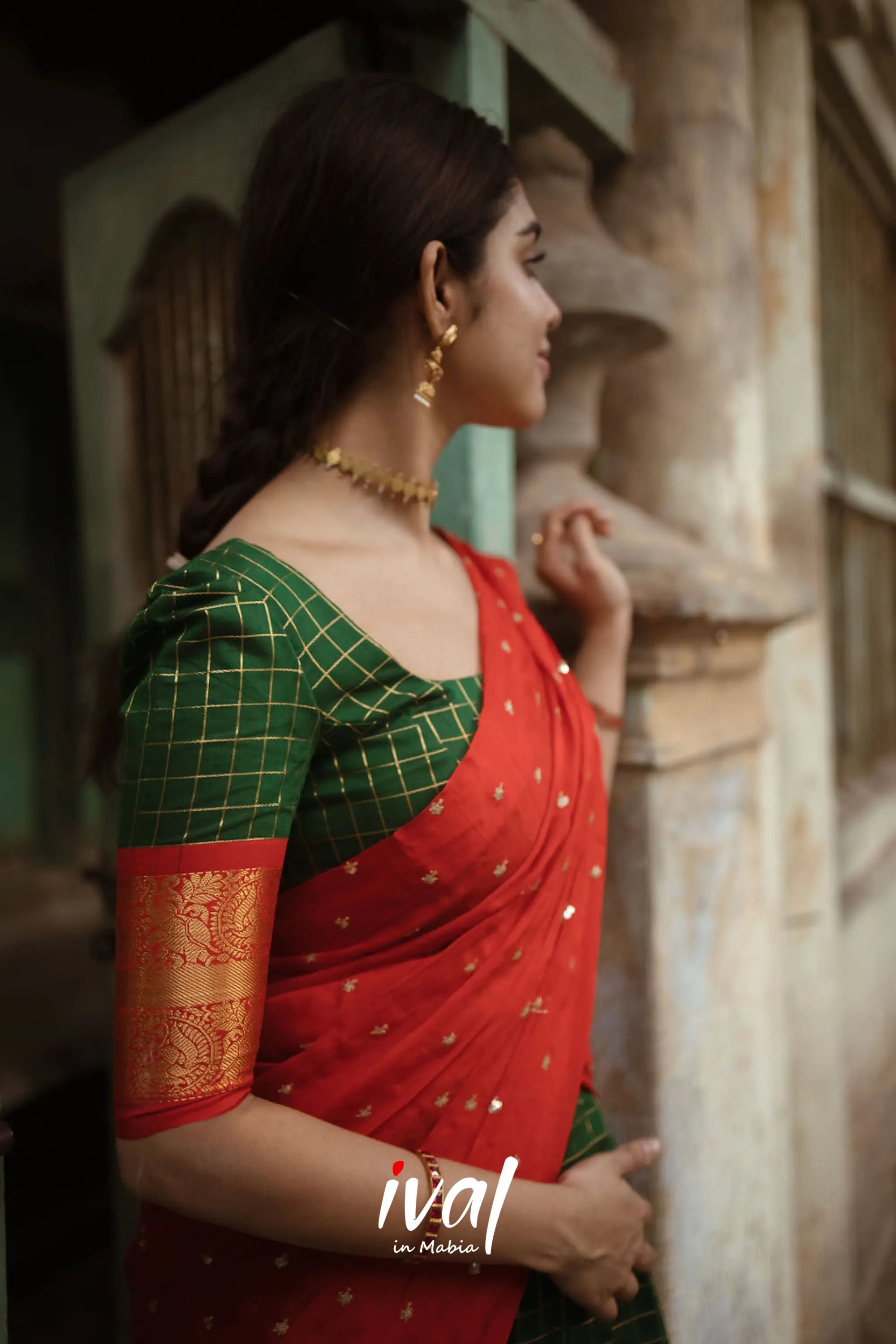 Sayuri Silk Cotton Half Saree - Bottle Green And Red Sarees