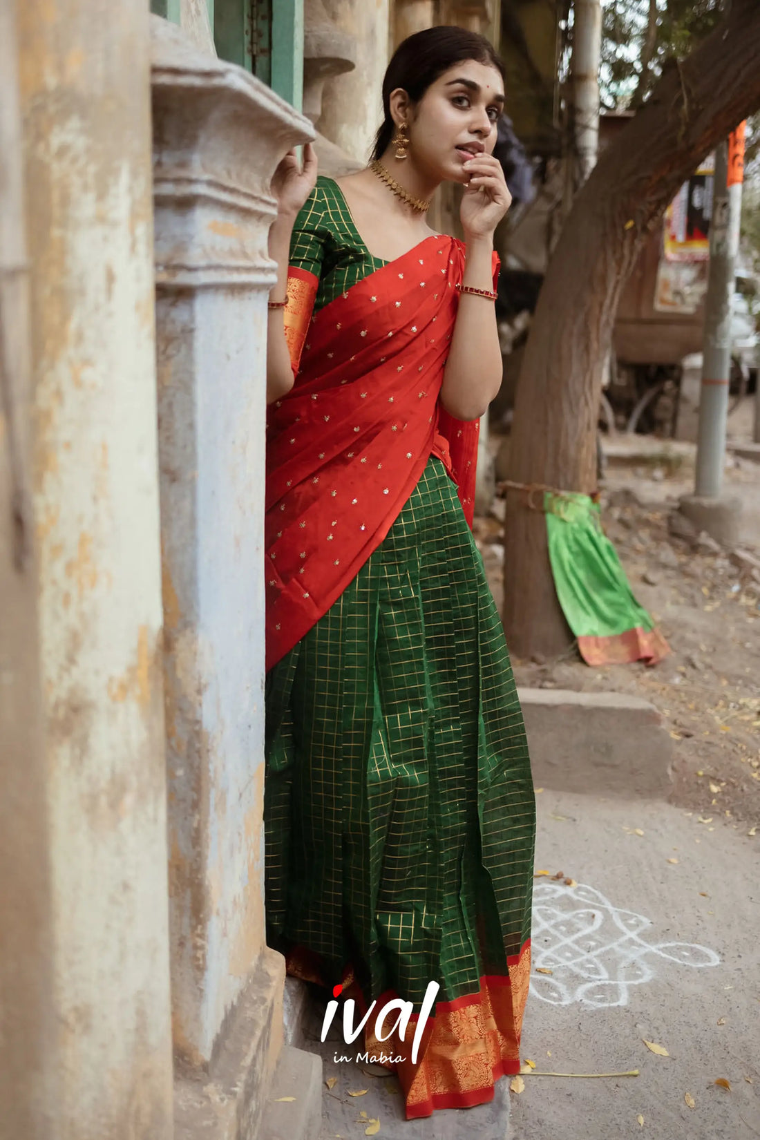 Sayuri Silk Cotton Half Saree - Bottle Green And Red Sarees