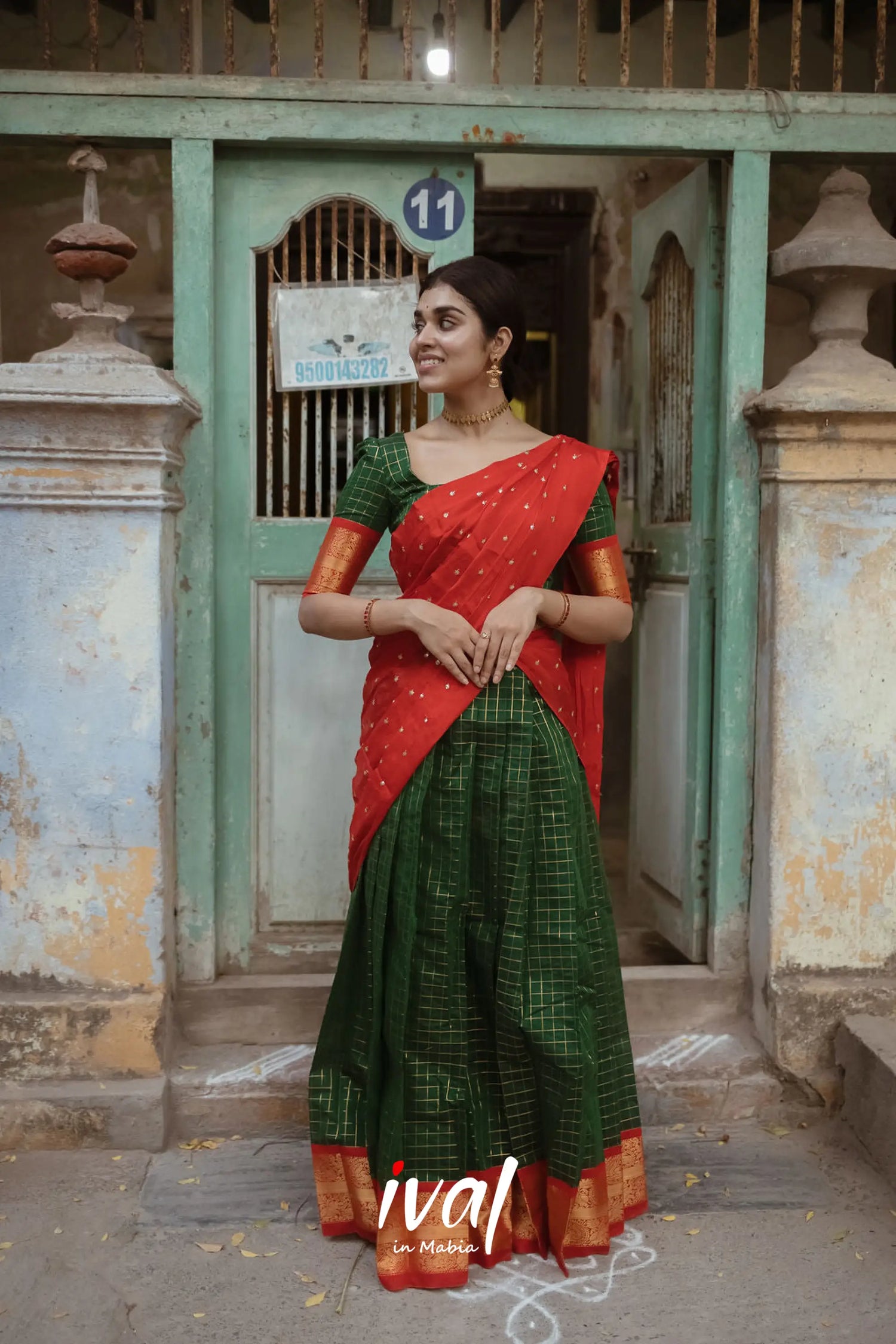 Sayuri Silk Cotton Half Saree - Bottle Green And Red Sarees