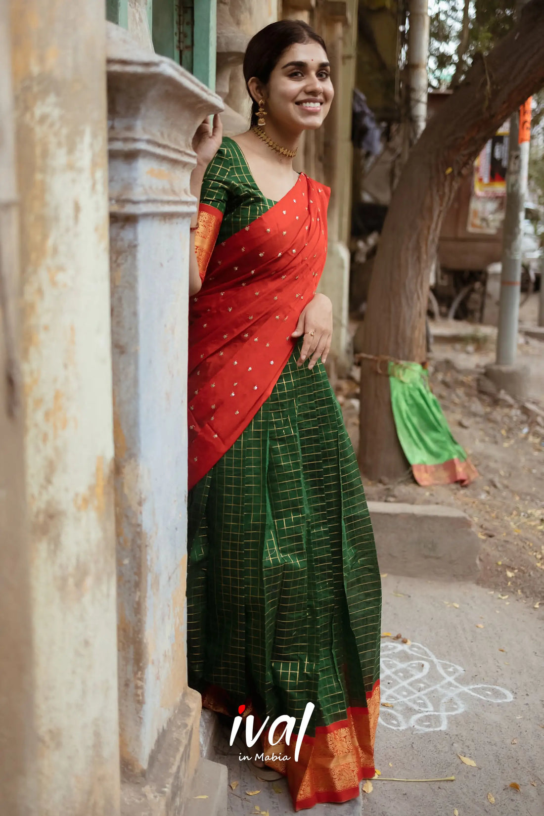 Sayuri Silk Cotton Half Saree - Bottle Green And Red Sarees