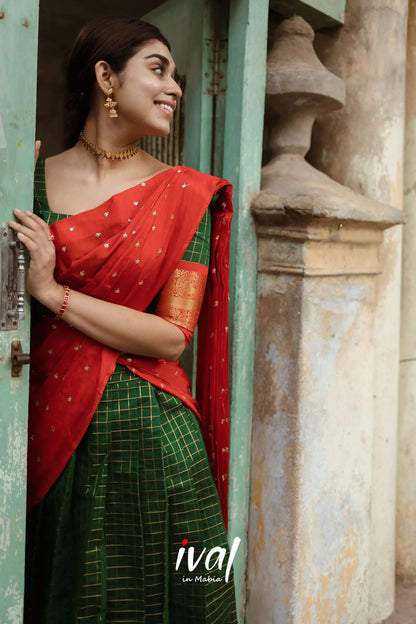 Sayuri Silk Cotton Half Saree - Bottle Green And Red Sarees