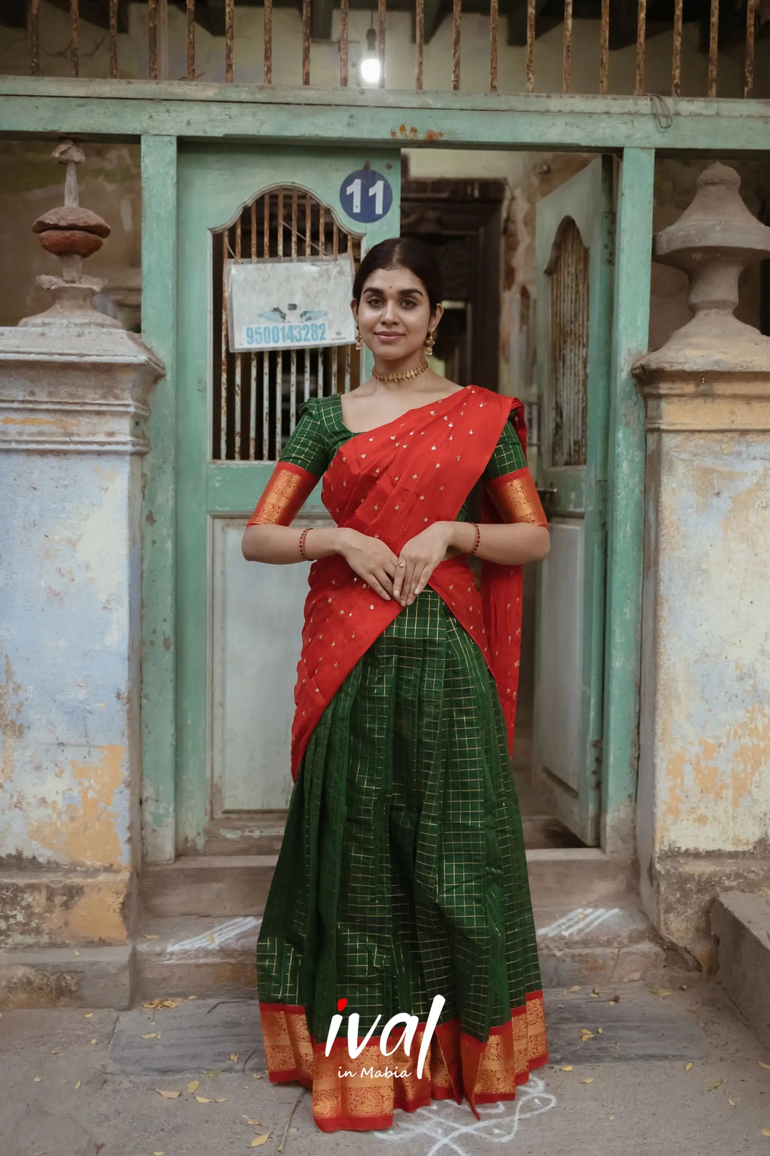 Sayuri Silk Cotton Half Saree - Bottle Green And Red Sarees