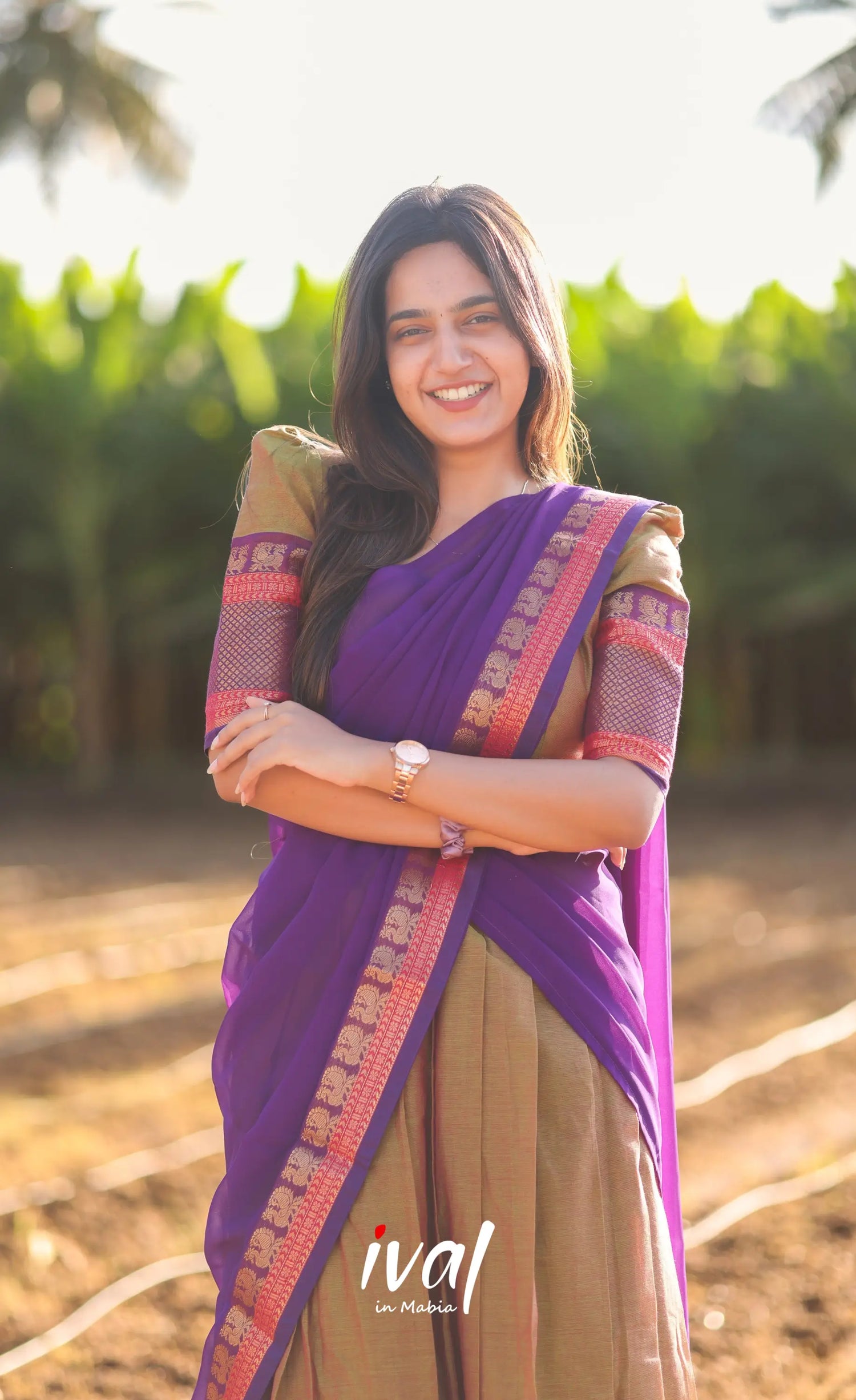 Sayuri Silk Cotton Half Saree - Light Brown And Purple Sarees