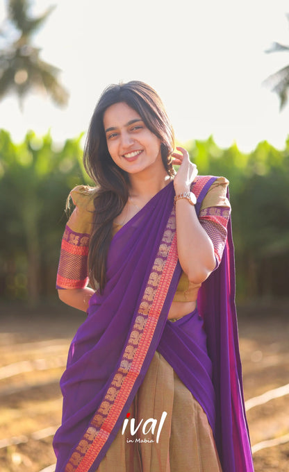 Sayuri Silk Cotton Half Saree - Light Brown And Purple Sarees