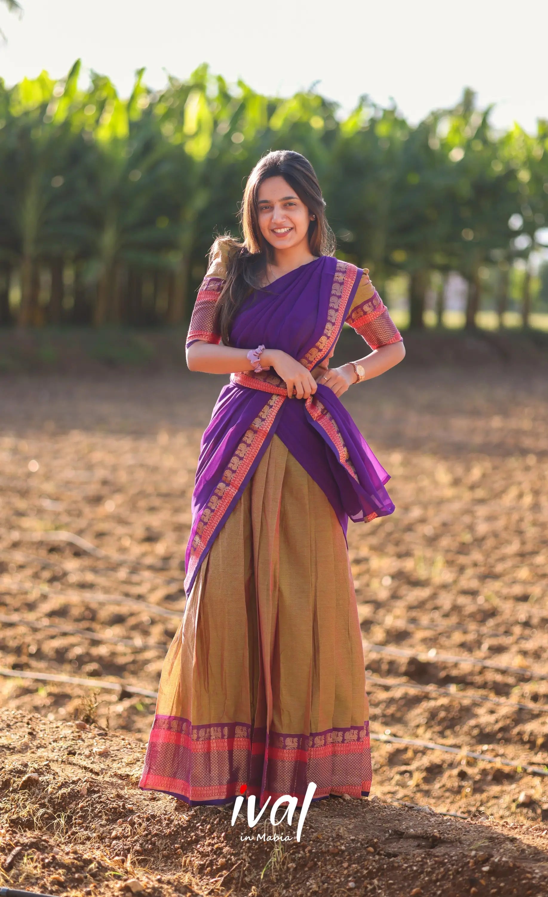 Sayuri Silk Cotton Half Saree - Light Brown And Purple Sarees