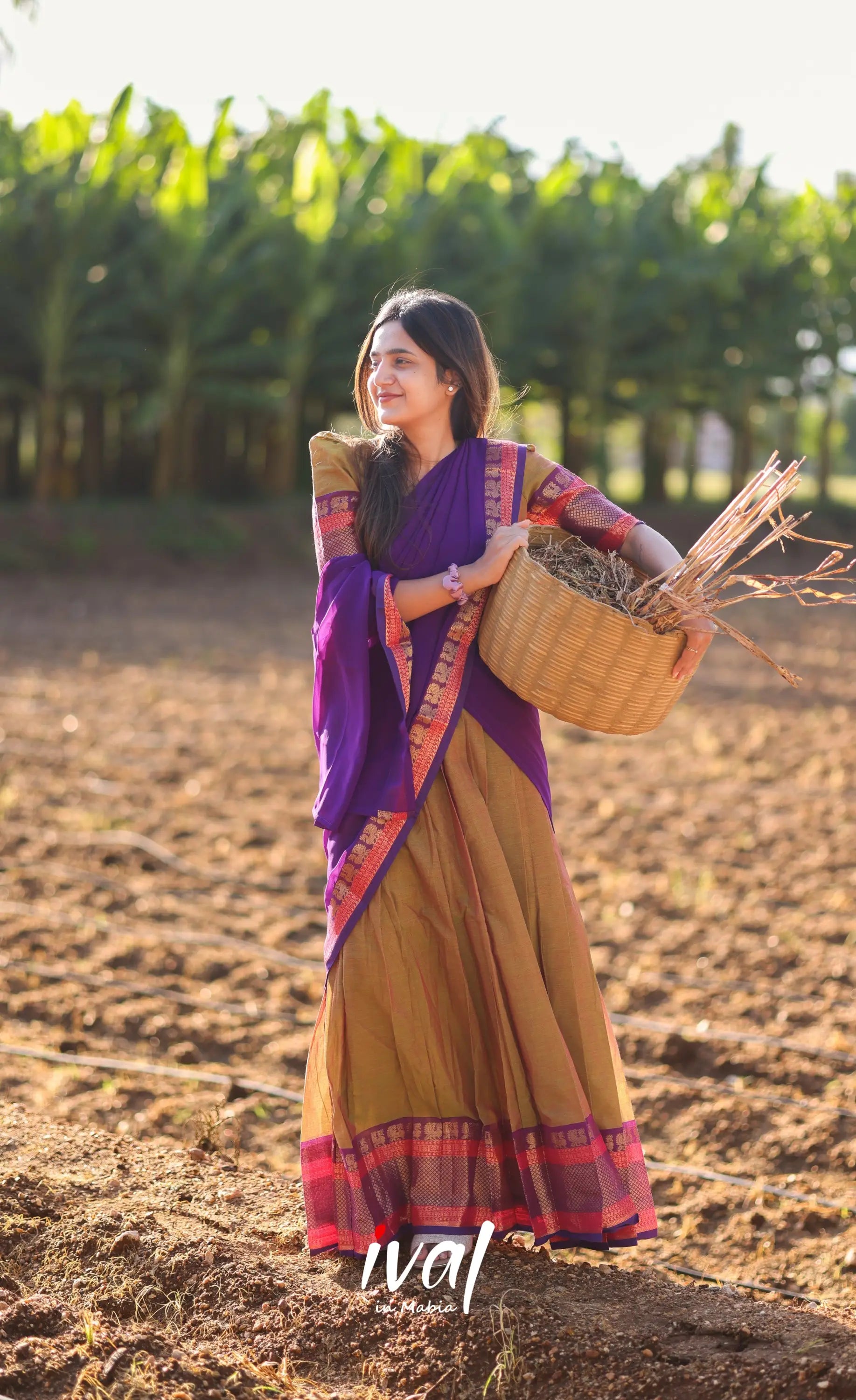 Sayuri Silk Cotton Half Saree - Light Brown And Purple Sarees