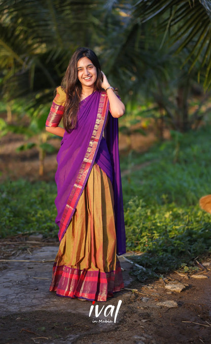 Sayuri Silk Cotton Half Saree - Light Brown And Purple Sarees