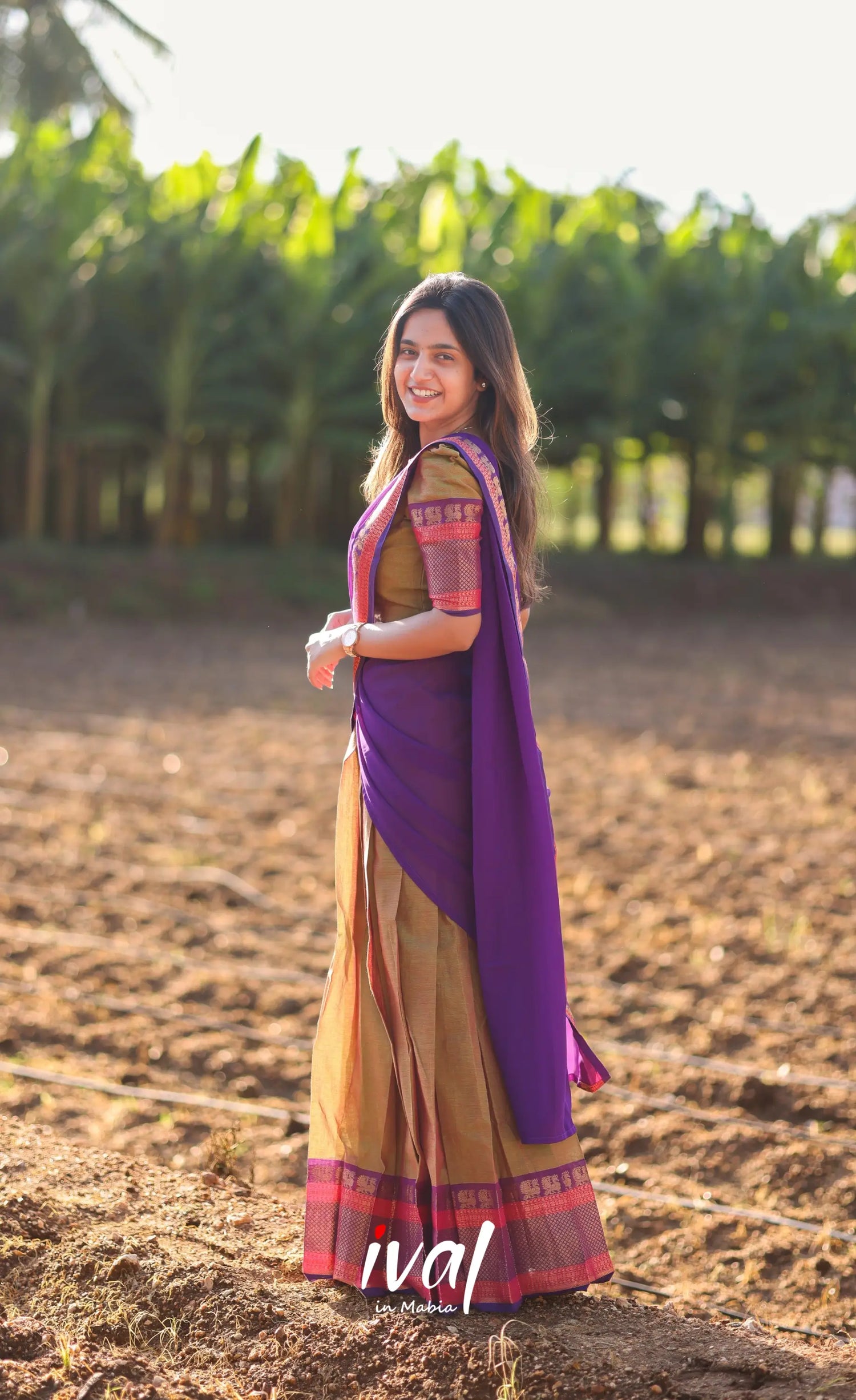 Sayuri Silk Cotton Half Saree - Light Brown And Purple Sarees