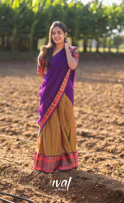 Sayuri Silk Cotton Half Saree - Light Brown And Purple Sarees