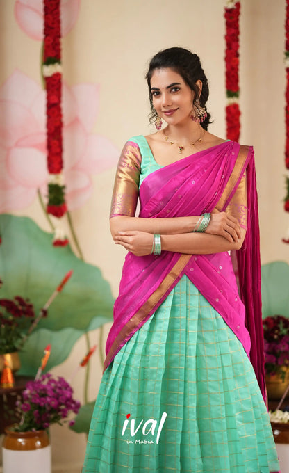 Sayuri Silk Cotton Halfsaree - Light Teal Green and magenta Pink Half Sarees