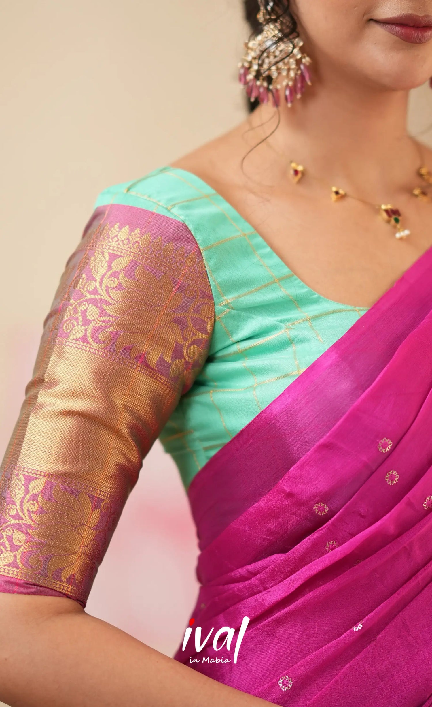 Sayuri Silk Cotton Halfsaree - Light Teal Green and magenta Pink Half Sarees