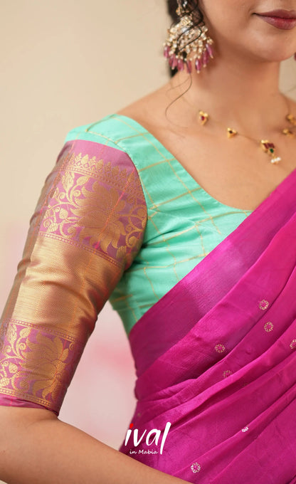 Sayuri Silk Cotton Halfsaree - Light Teal Green and magenta Pink Half Sarees