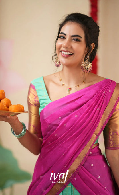 Sayuri Silk Cotton Halfsaree - Light Teal Green and magenta Pink Half Sarees