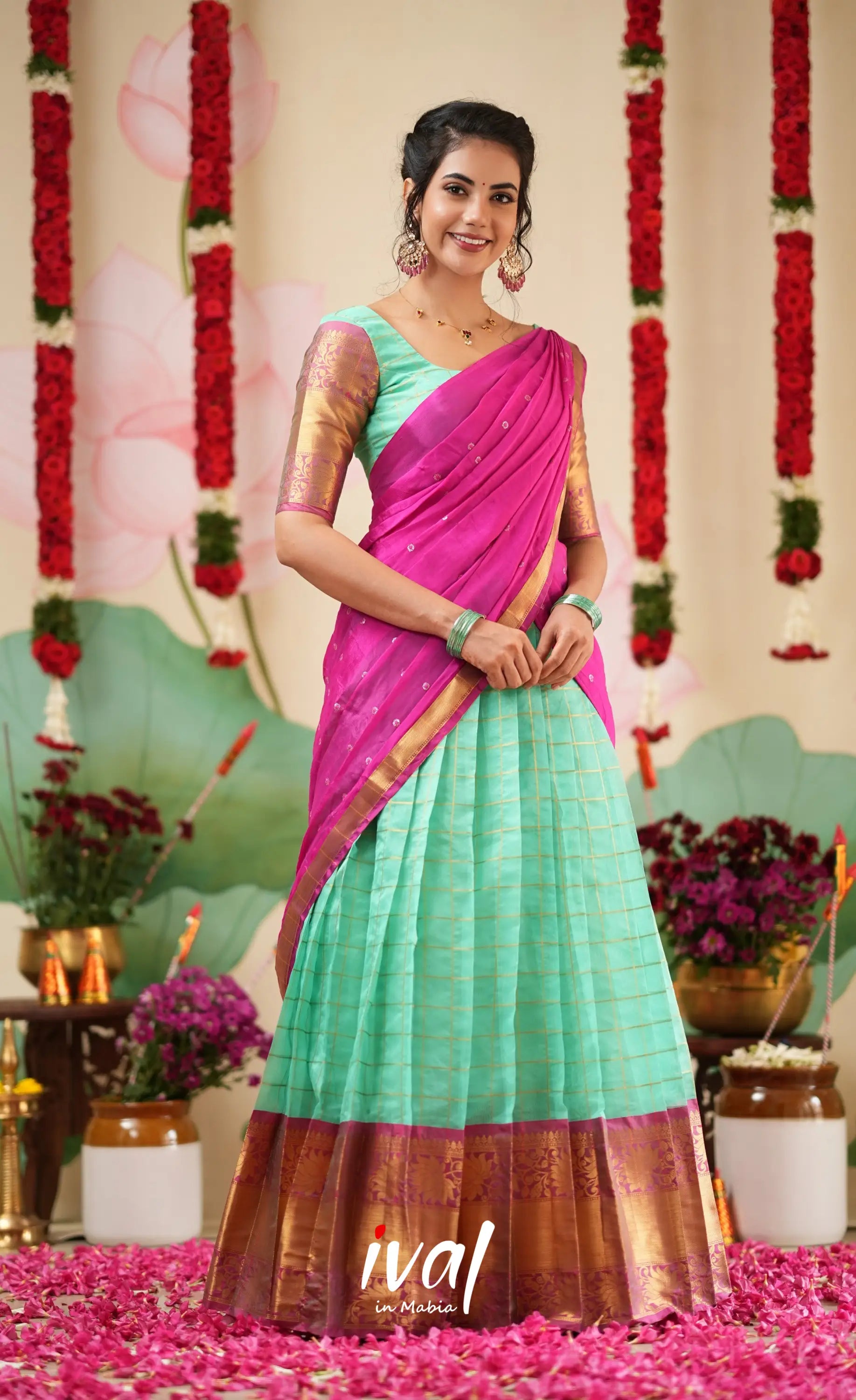 Sayuri Silk Cotton Halfsaree - Light Teal Green and magenta Pink Half Sarees