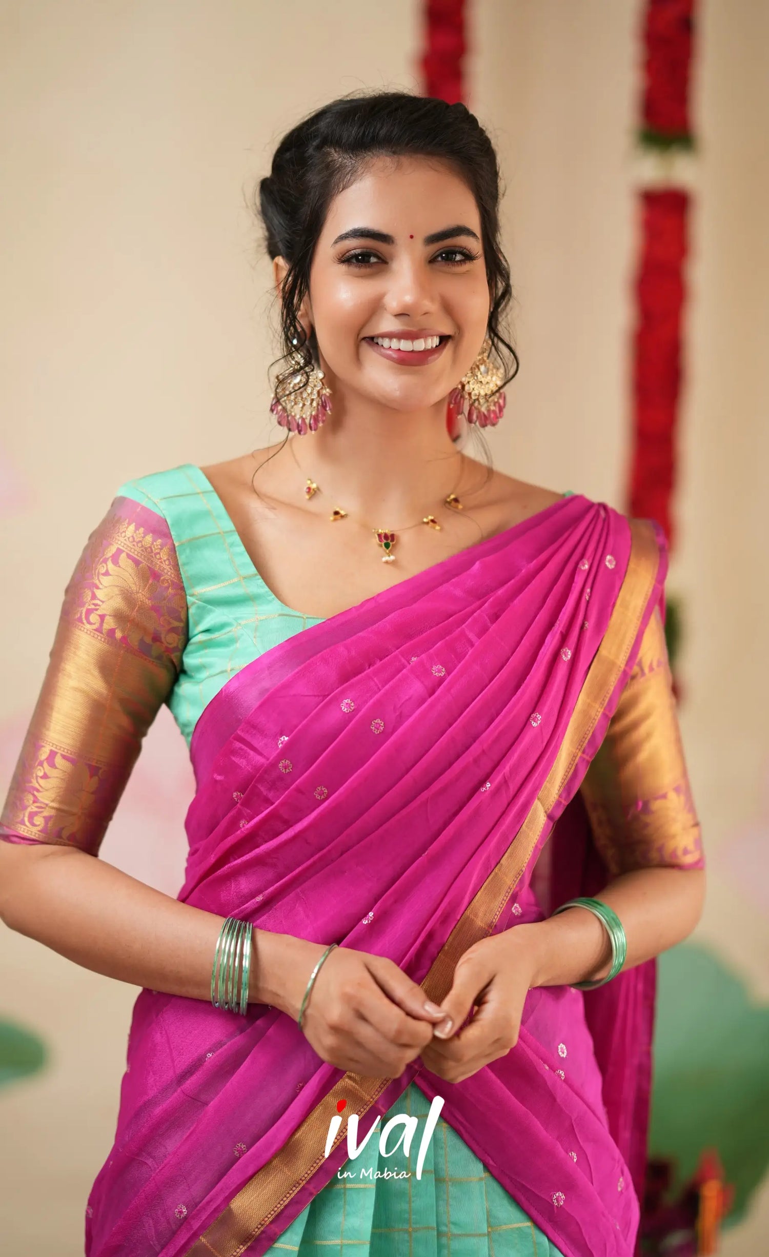 Sayuri Silk Cotton Halfsaree - Light Teal Green and magenta Pink Half Sarees