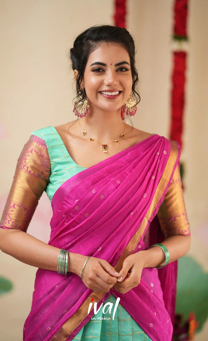 Sayuri Silk Cotton Halfsaree - Light Teal Green and magenta Pink Half Sarees