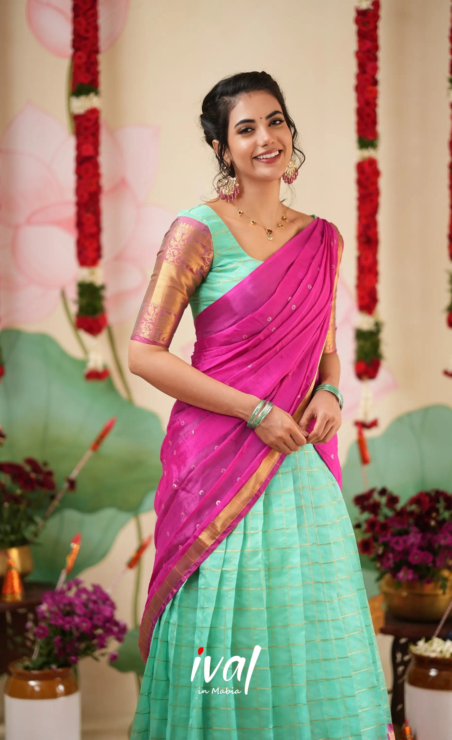 Sayuri Silk Cotton Halfsaree - Light Teal Green and magenta Pink Half Sarees
