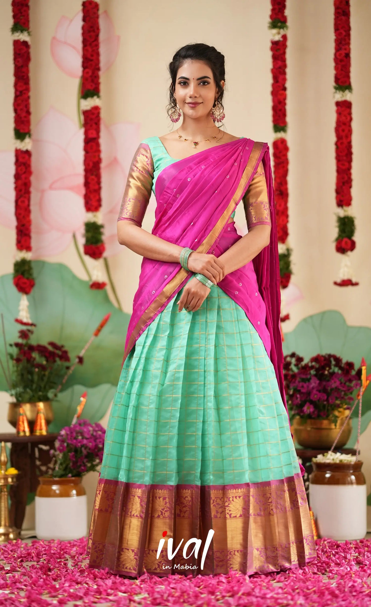 Sayuri Silk Cotton Halfsaree - Light Teal Green and magenta Pink Half Sarees