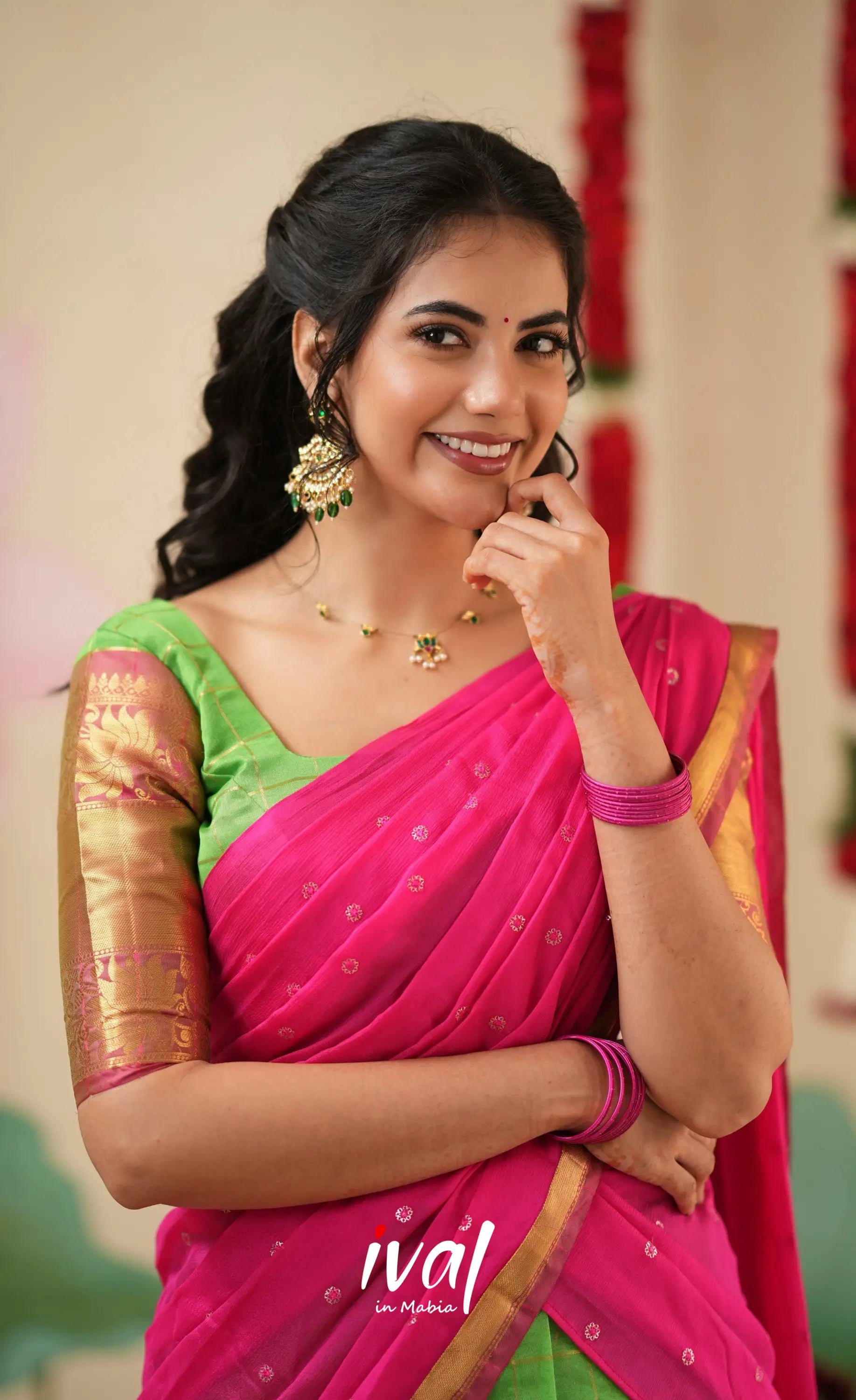 Sayuri Silk Cotton Halfsaree - Parrot Green and Bright Pink Half Sarees