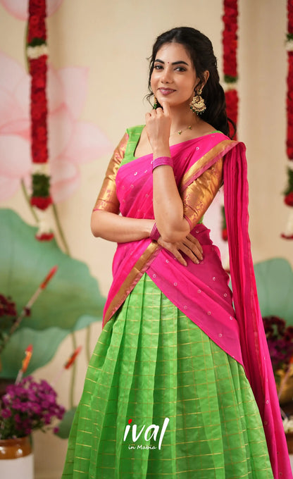 Sayuri Silk Cotton Halfsaree - Parrot Green and Bright Pink Half Sarees