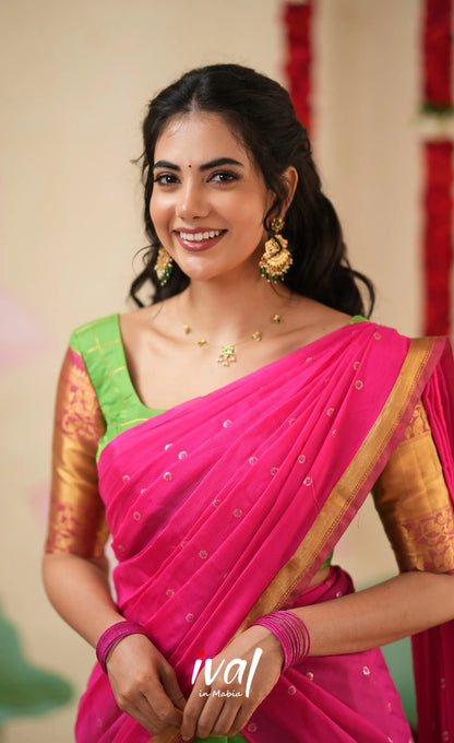 Sayuri Silk Cotton Halfsaree - Parrot Green and Bright Pink Half Sarees
