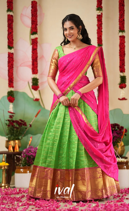 Sayuri Silk Cotton Halfsaree - Parrot Green and Bright Pink Half Sarees