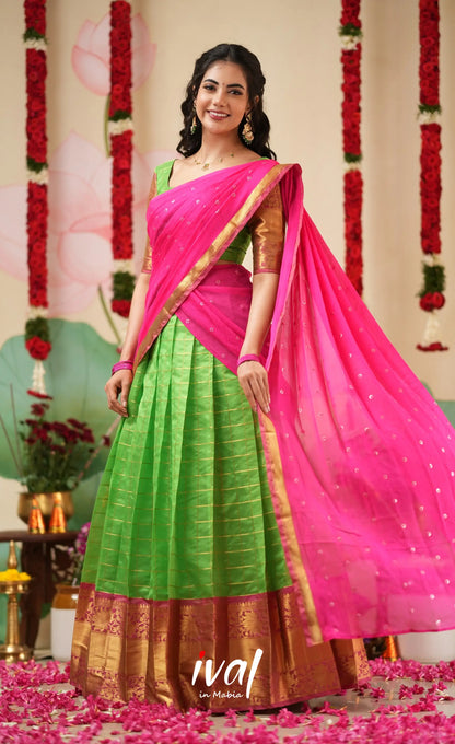 Sayuri Silk Cotton Halfsaree - Parrot Green and Bright Pink Half Sarees