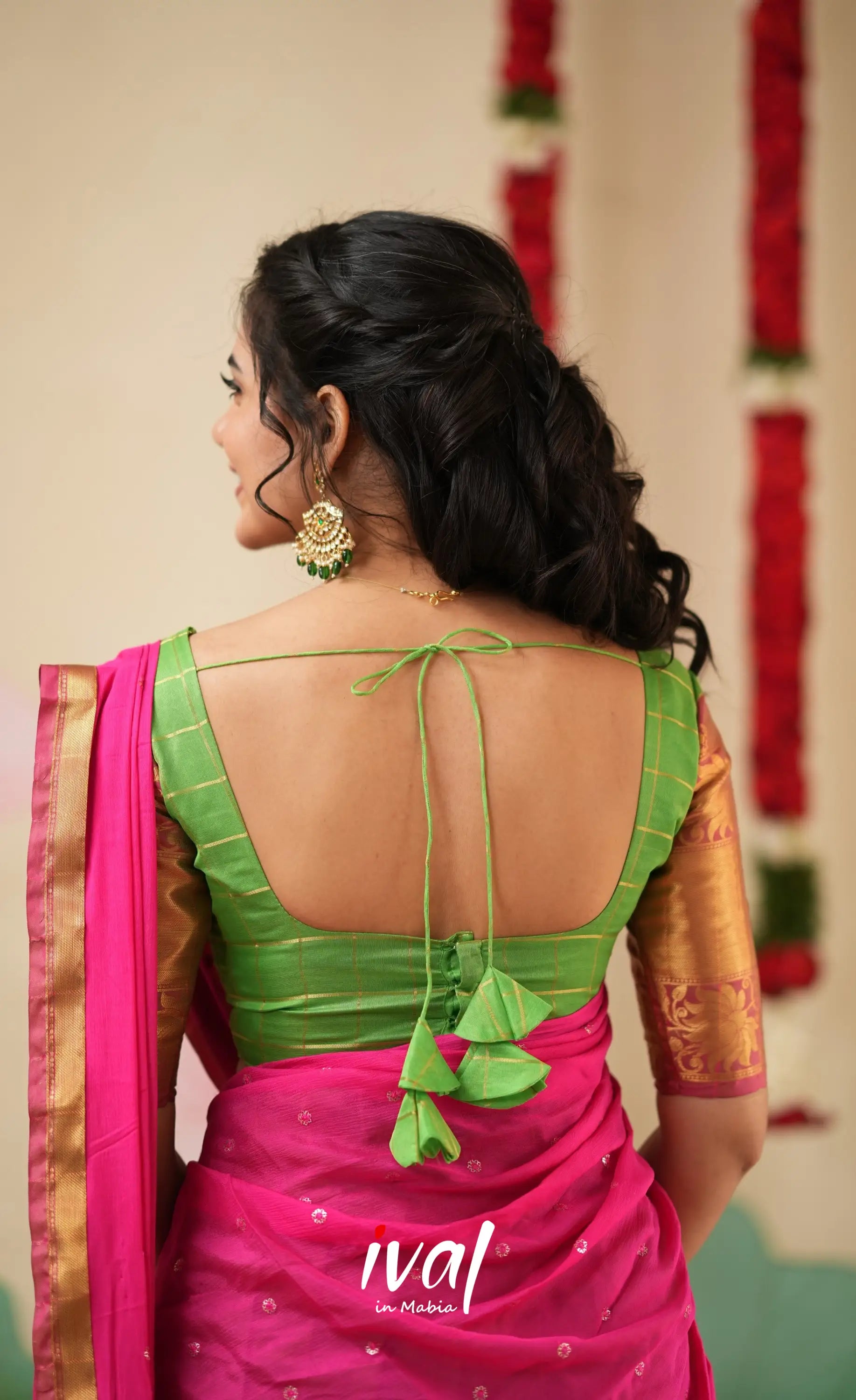 Sayuri Silk Cotton Halfsaree - Parrot Green and Bright Pink Half Sarees