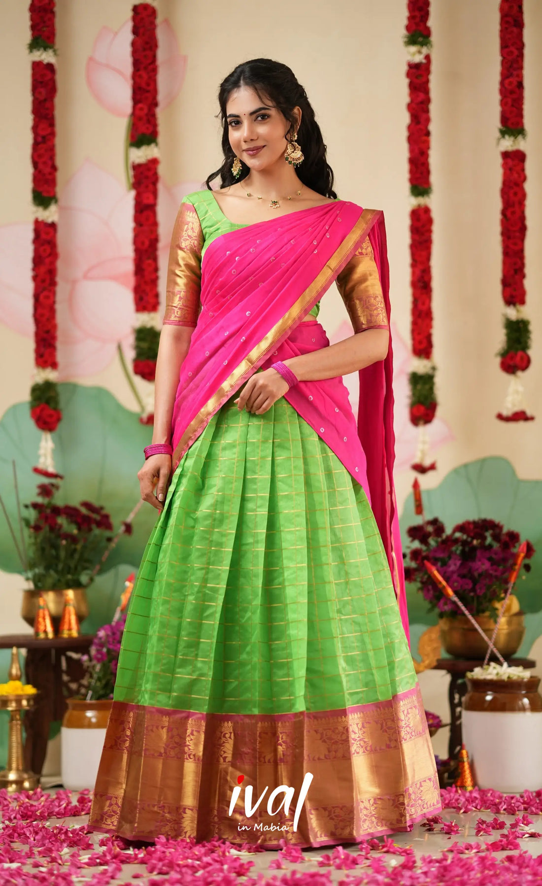 Sayuri Silk Cotton Halfsaree - Parrot Green and Bright Pink Half Sarees
