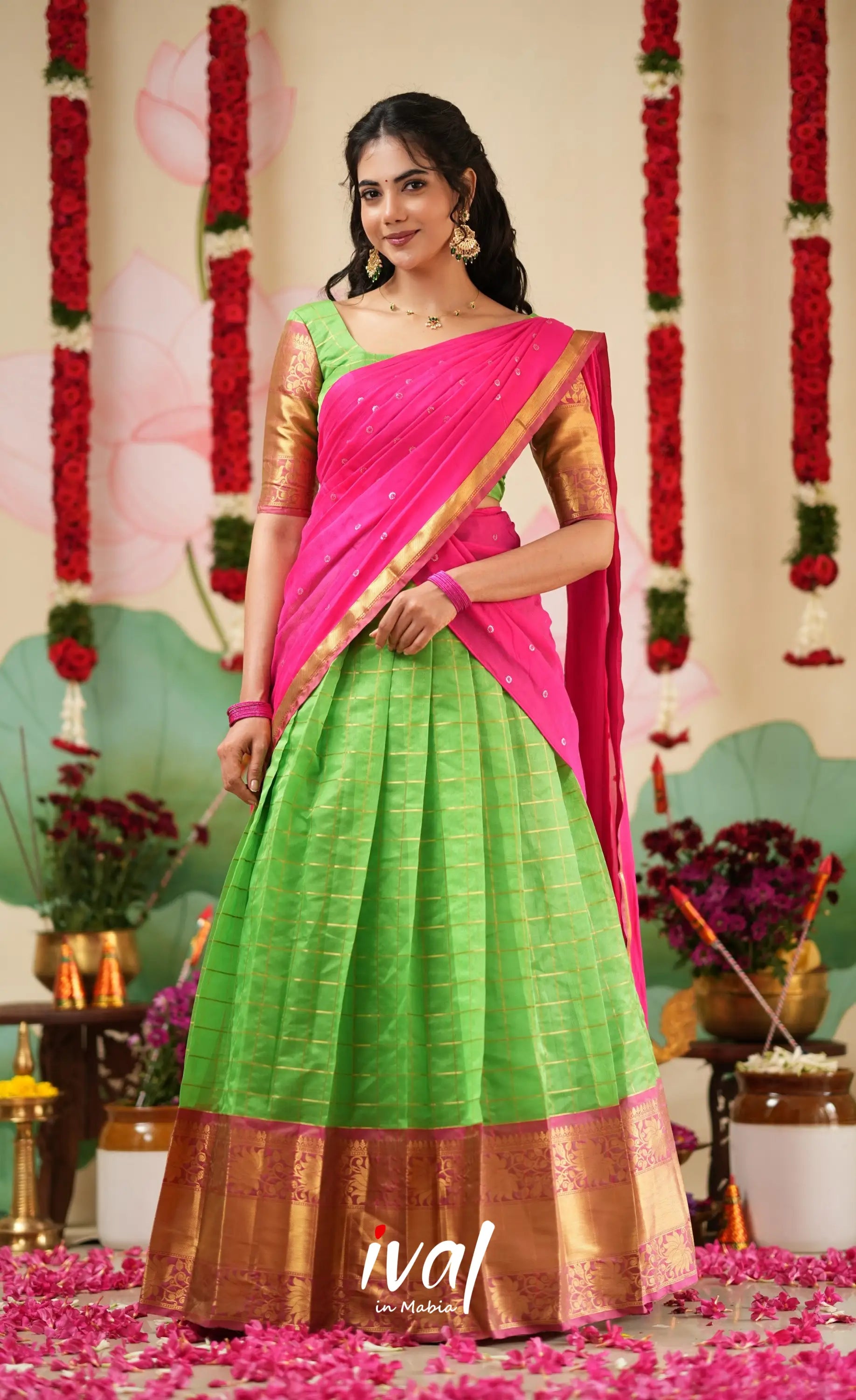 Sayuri Silk Cotton Halfsaree - Parrot Green and Bright Pink Half Sarees