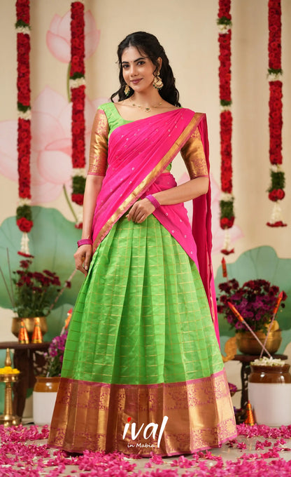 Sayuri Silk Cotton Halfsaree - Parrot Green and Bright Pink Half Sarees