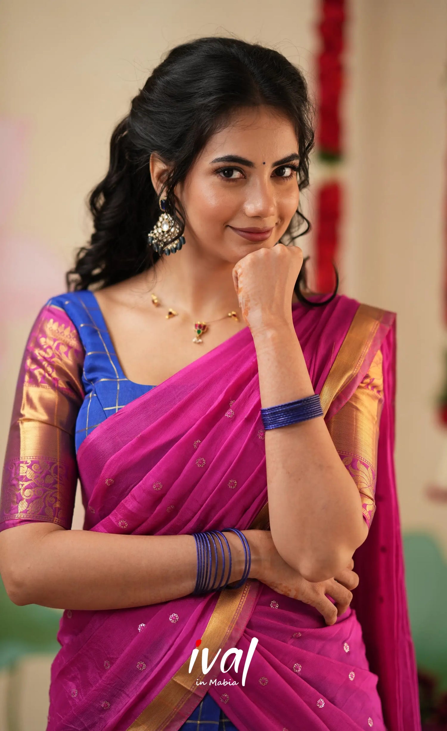 Sayuri Silk Cotton Halfsaree - Royal Blue and Bright Magenta Pink Half Sarees