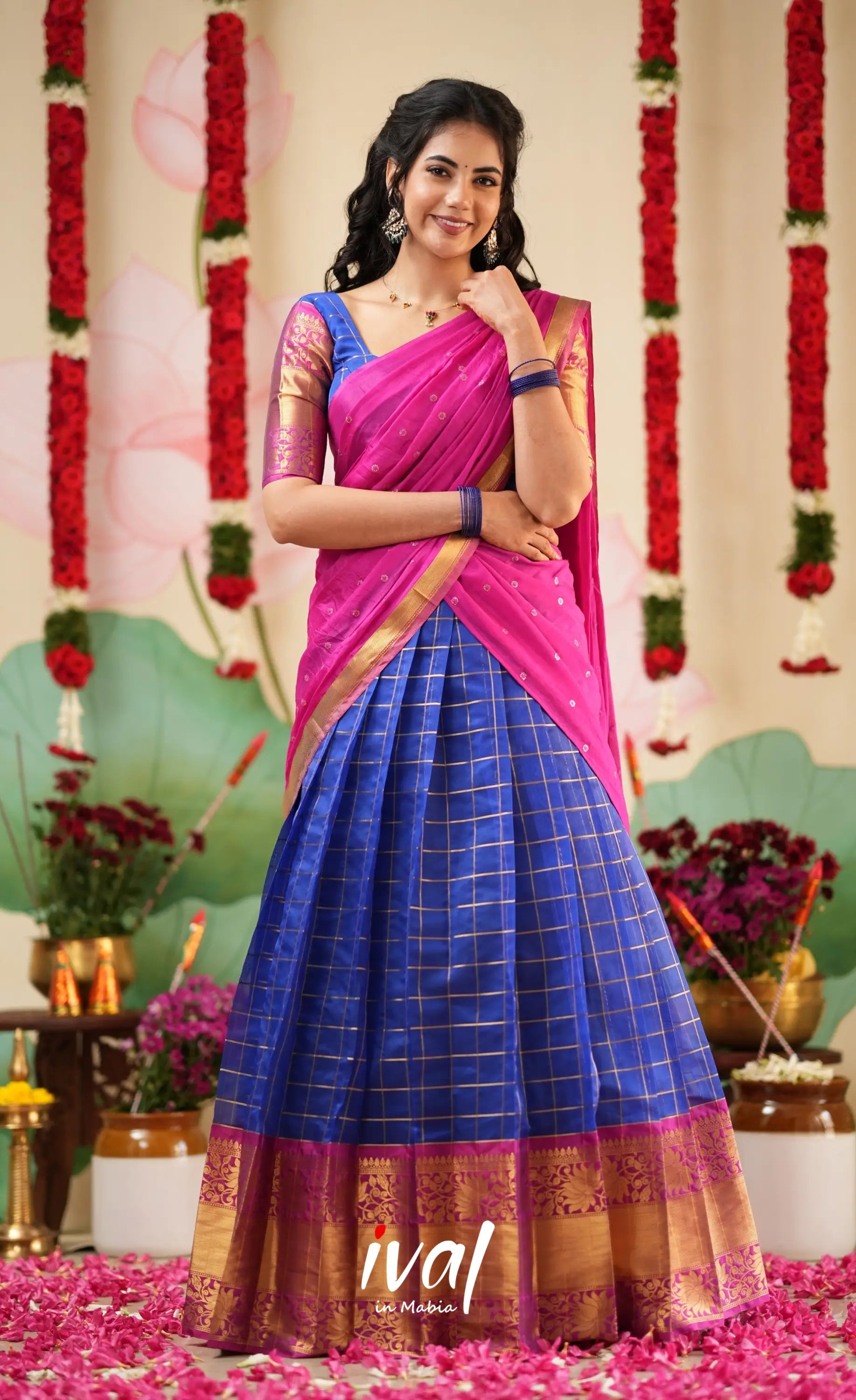 Sayuri Silk Cotton Halfsaree - Royal Blue and Bright Magenta Pink Half Sarees