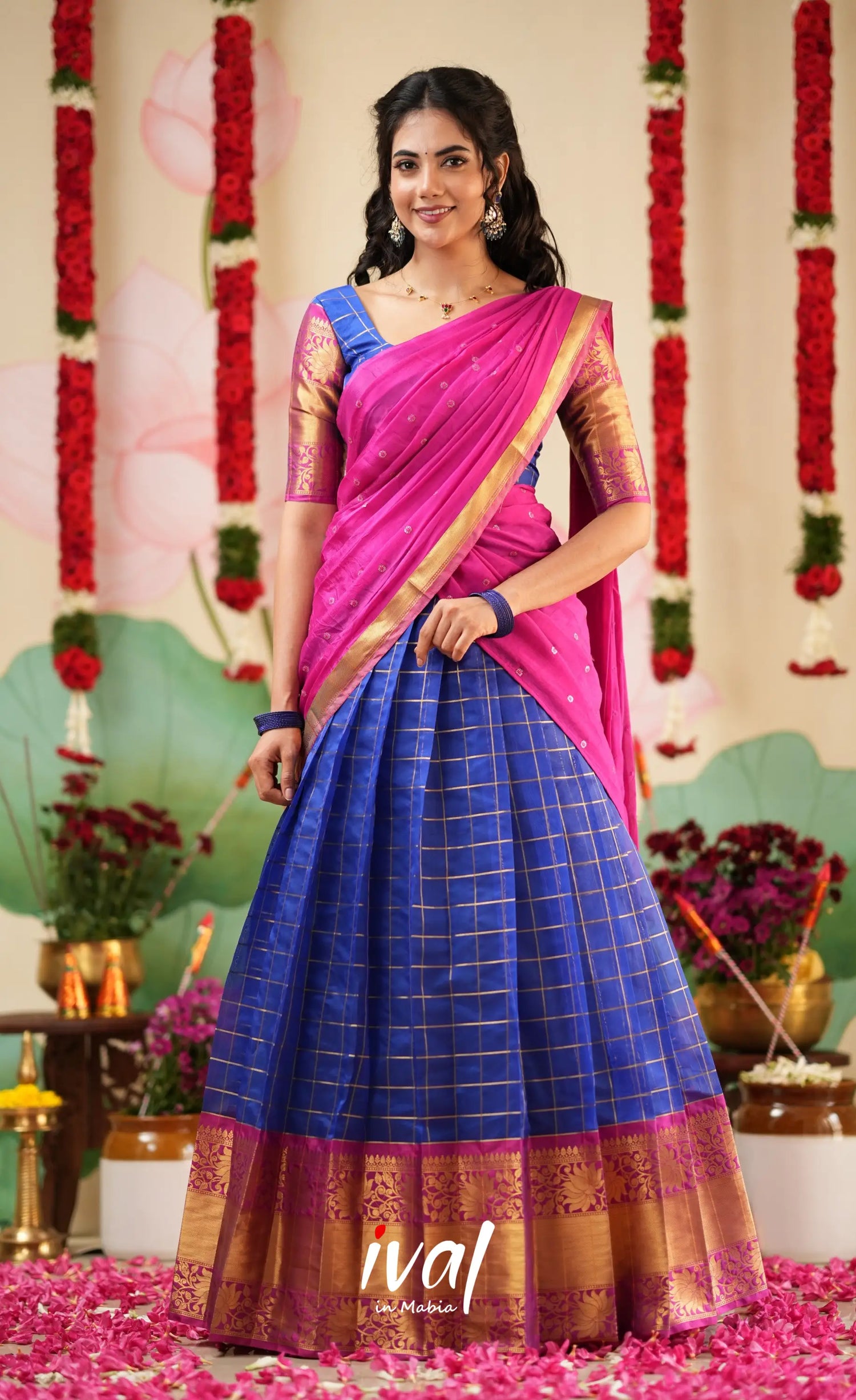 Sayuri Silk Cotton Halfsaree - Royal Blue and Bright Magenta Pink Half Sarees