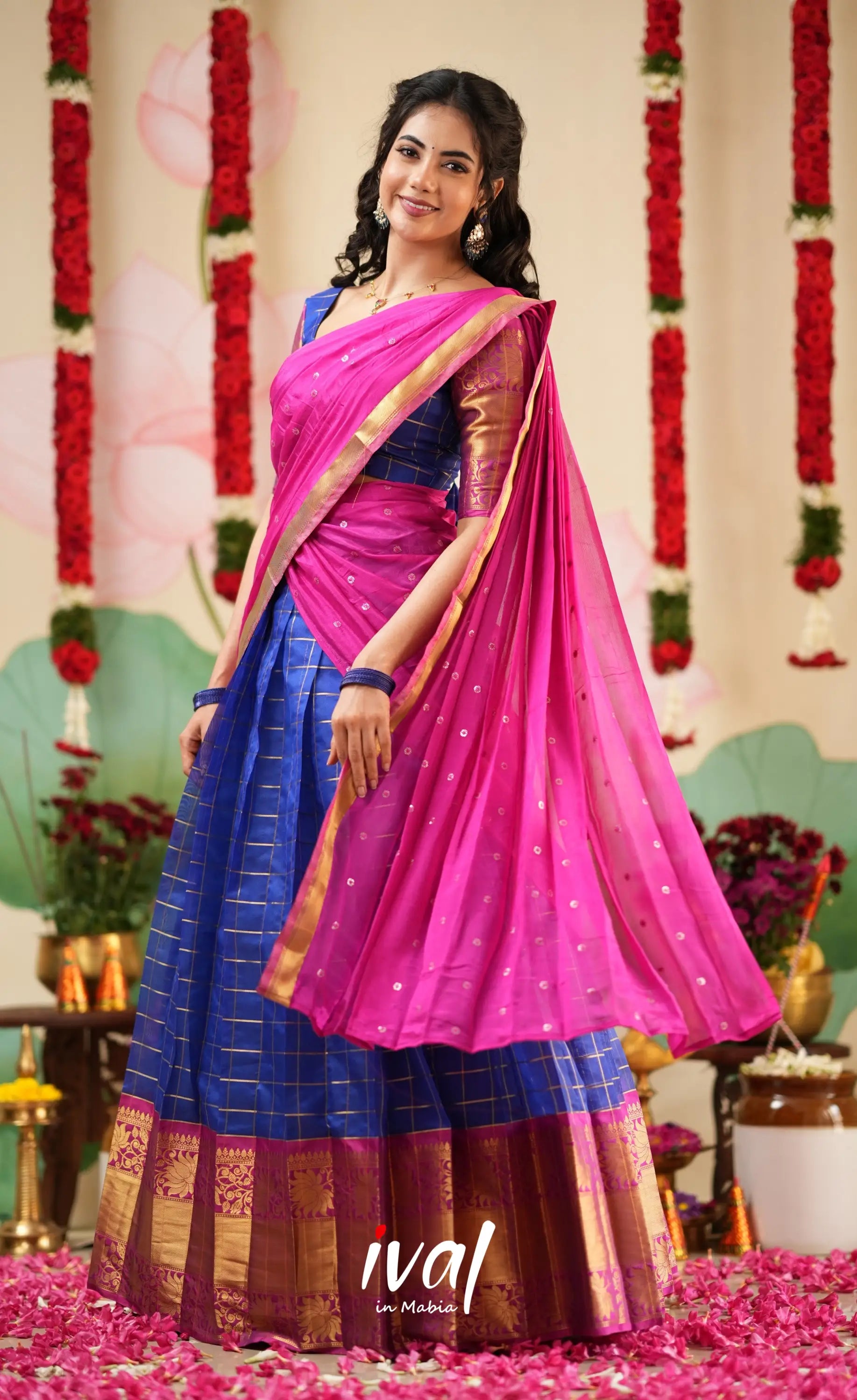 Sayuri Silk Cotton Halfsaree - Royal Blue and Bright Magenta Pink Half Sarees