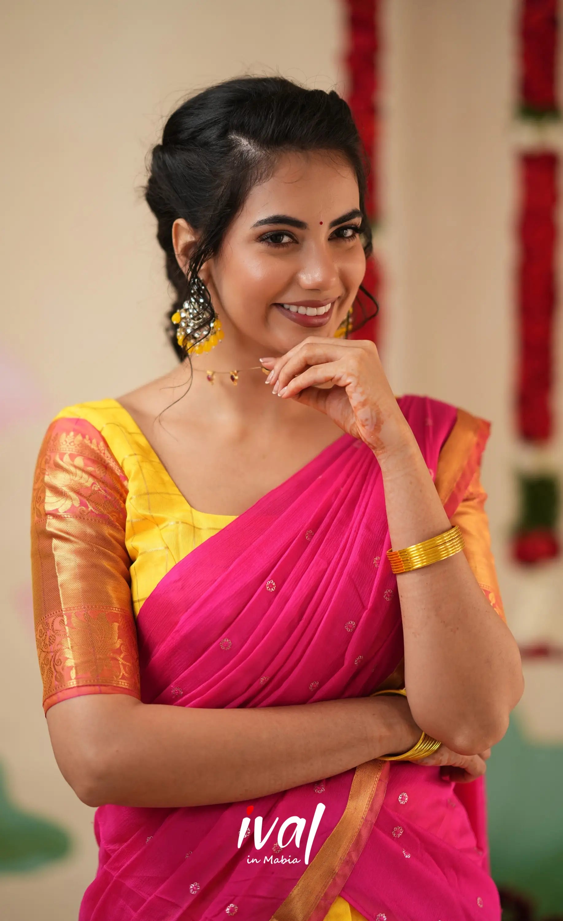 Sayuri Silk Cotton Halfsaree - Yellow and Bright Pink Half Sarees