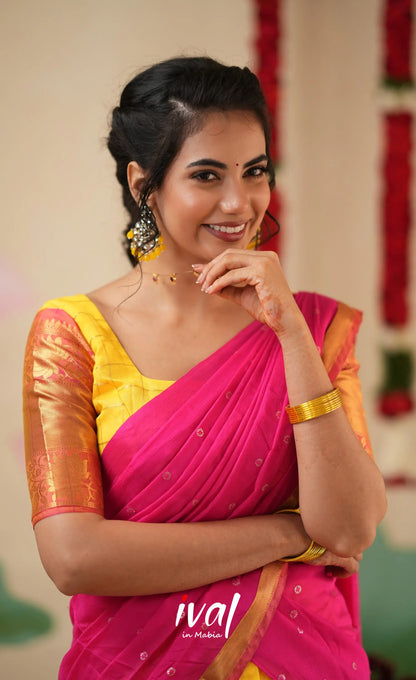 Sayuri Silk Cotton Halfsaree - Yellow and Bright Pink Half Sarees