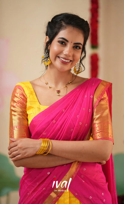 Sayuri Silk Cotton Halfsaree - Yellow and Bright Pink Half Sarees