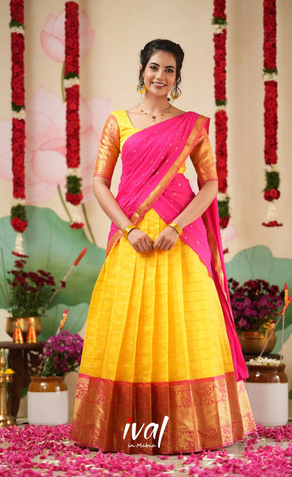 Sayuri Silk Cotton Halfsaree - Yellow and Bright Pink Half Sarees