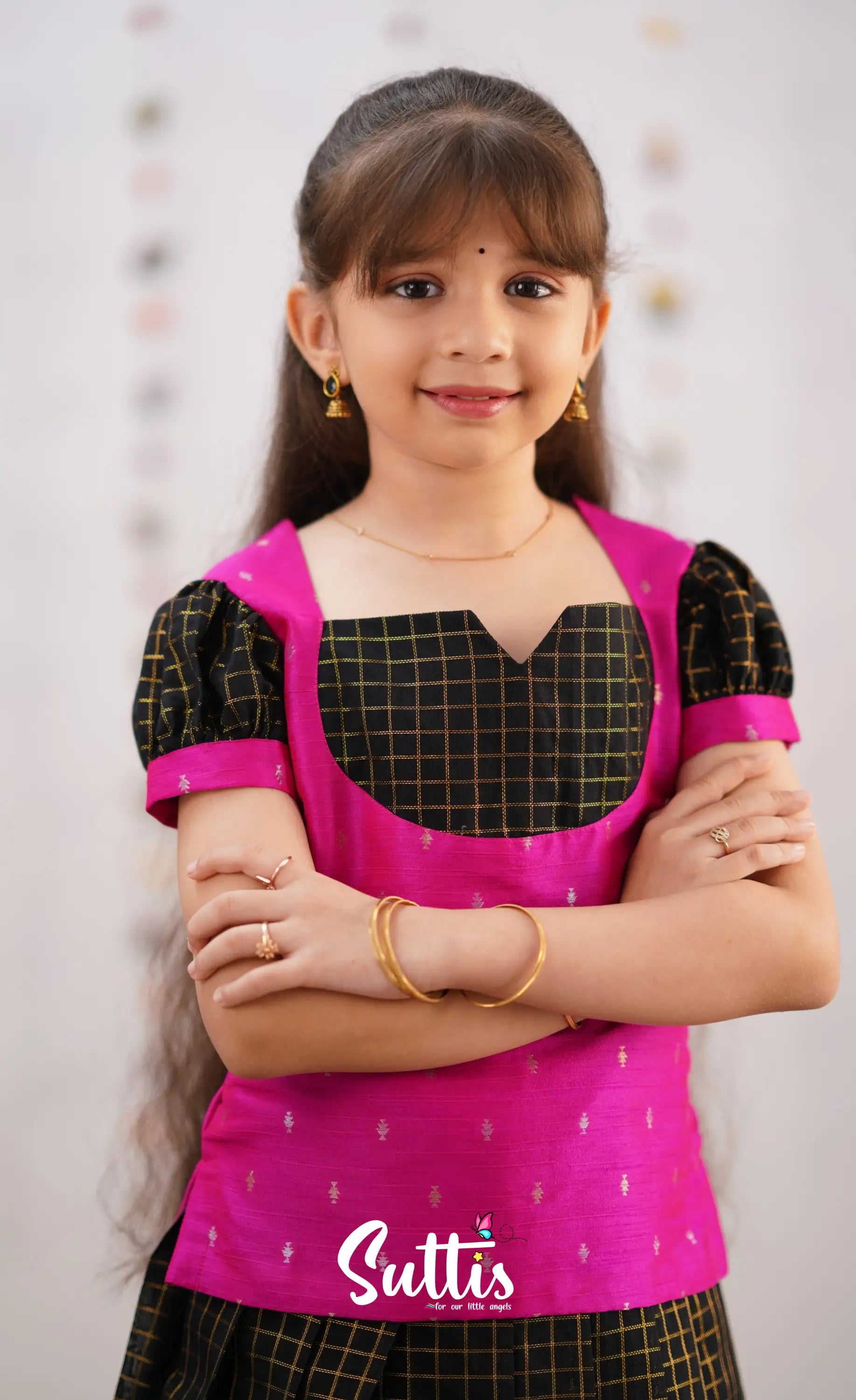 Sayuri Silk Cotton Pavadai Sattai - Black Kids-Suttis