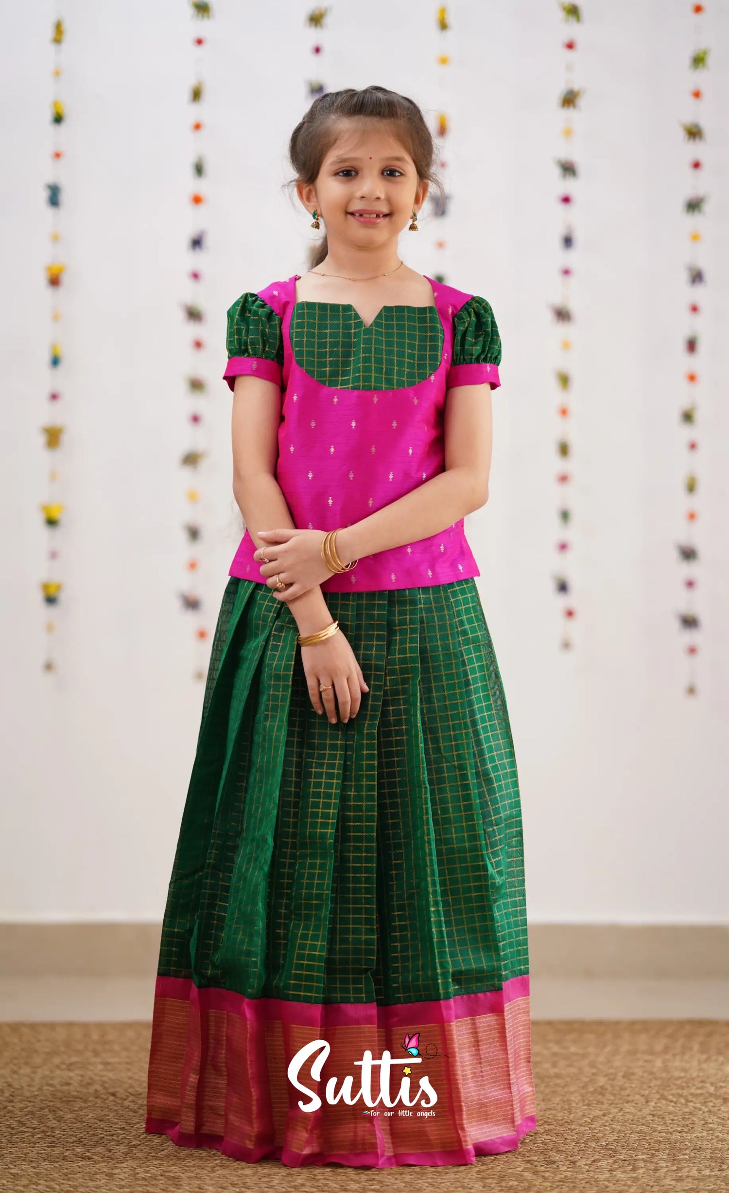 Sayuri Silk Cotton Pavadai Sattai - Bottle Green Kids-Suttis