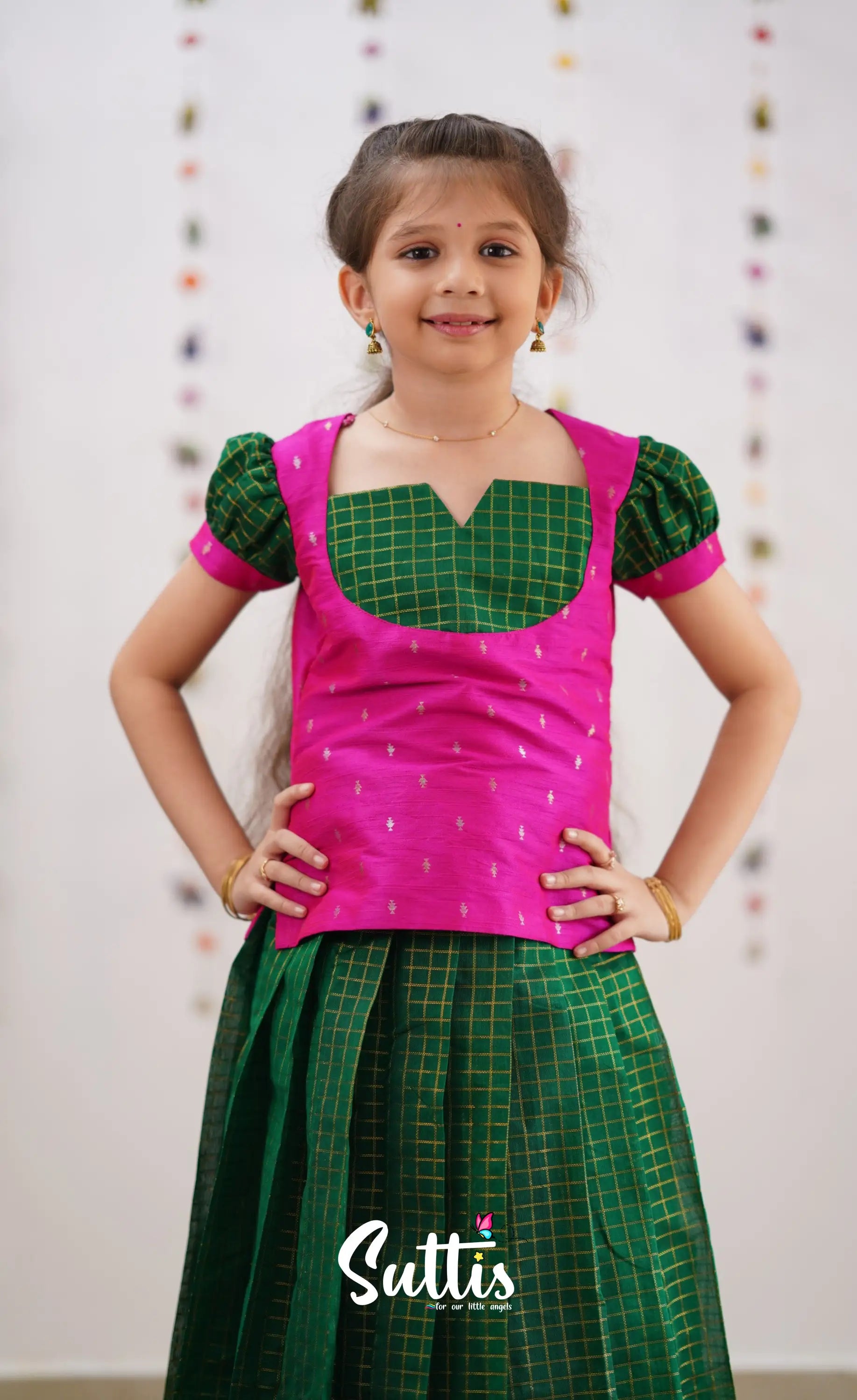 Sayuri Silk Cotton Pavadai Sattai - Bottle Green Kids-Suttis