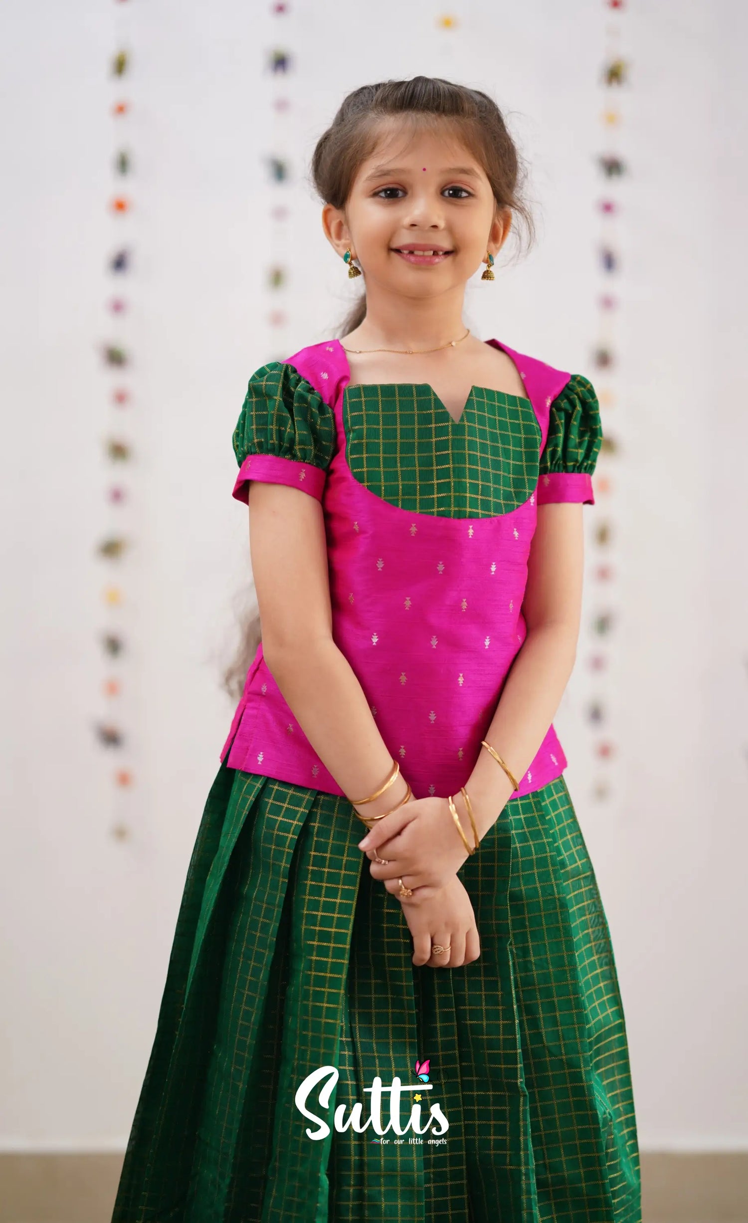 Sayuri Silk Cotton Pavadai Sattai - Bottle Green Kids-Suttis