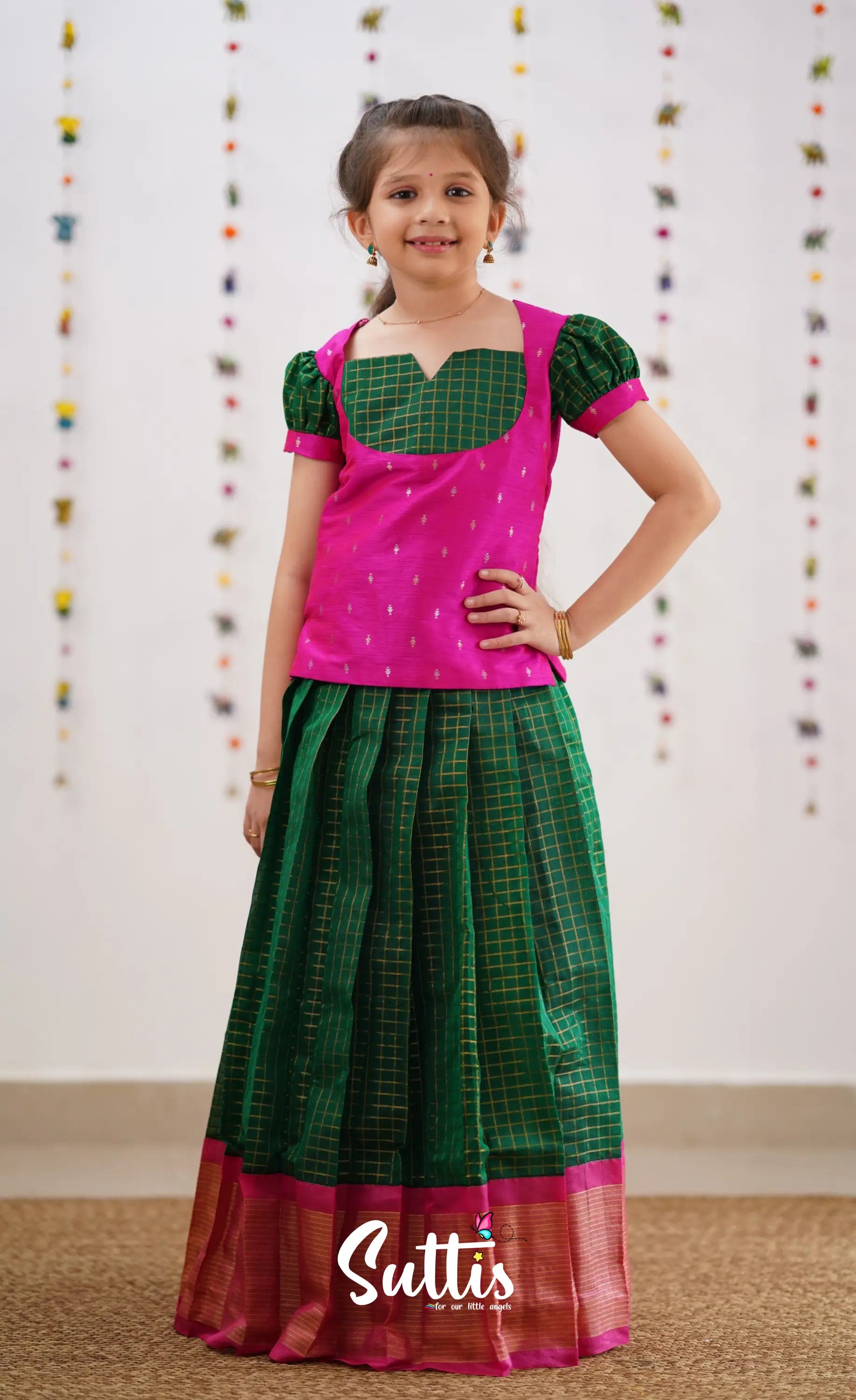 Sayuri Silk Cotton Pavadai Sattai - Bottle Green Kids-Suttis