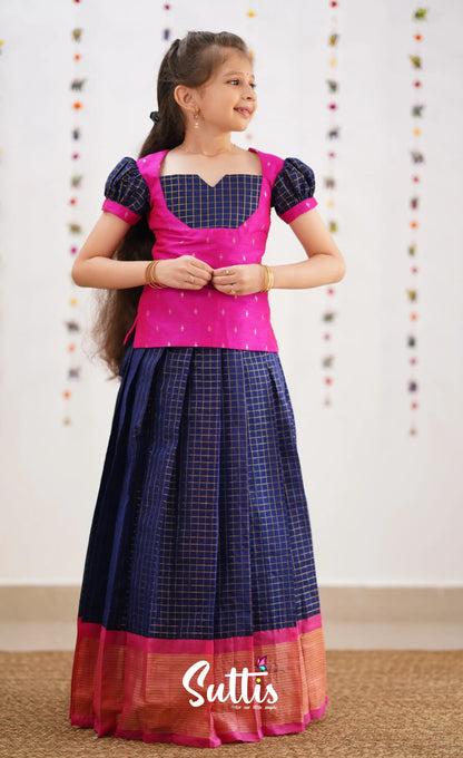 Sayuri Silk Cotton Pavadai Sattai - Navy Blue Kids-Suttis