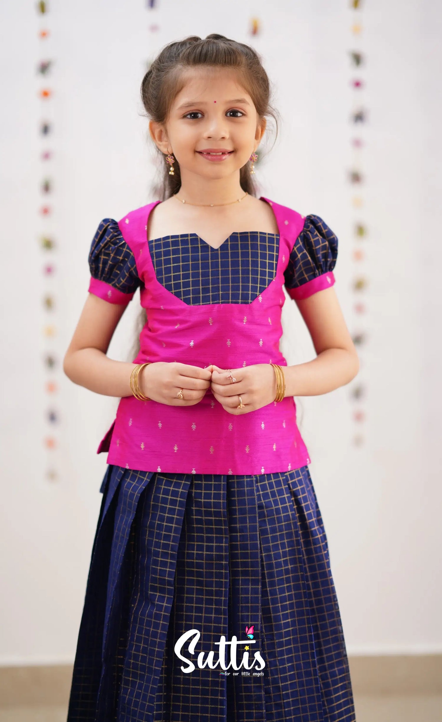 Sayuri Silk Cotton Pavadai Sattai - Navy Blue Kids-Suttis