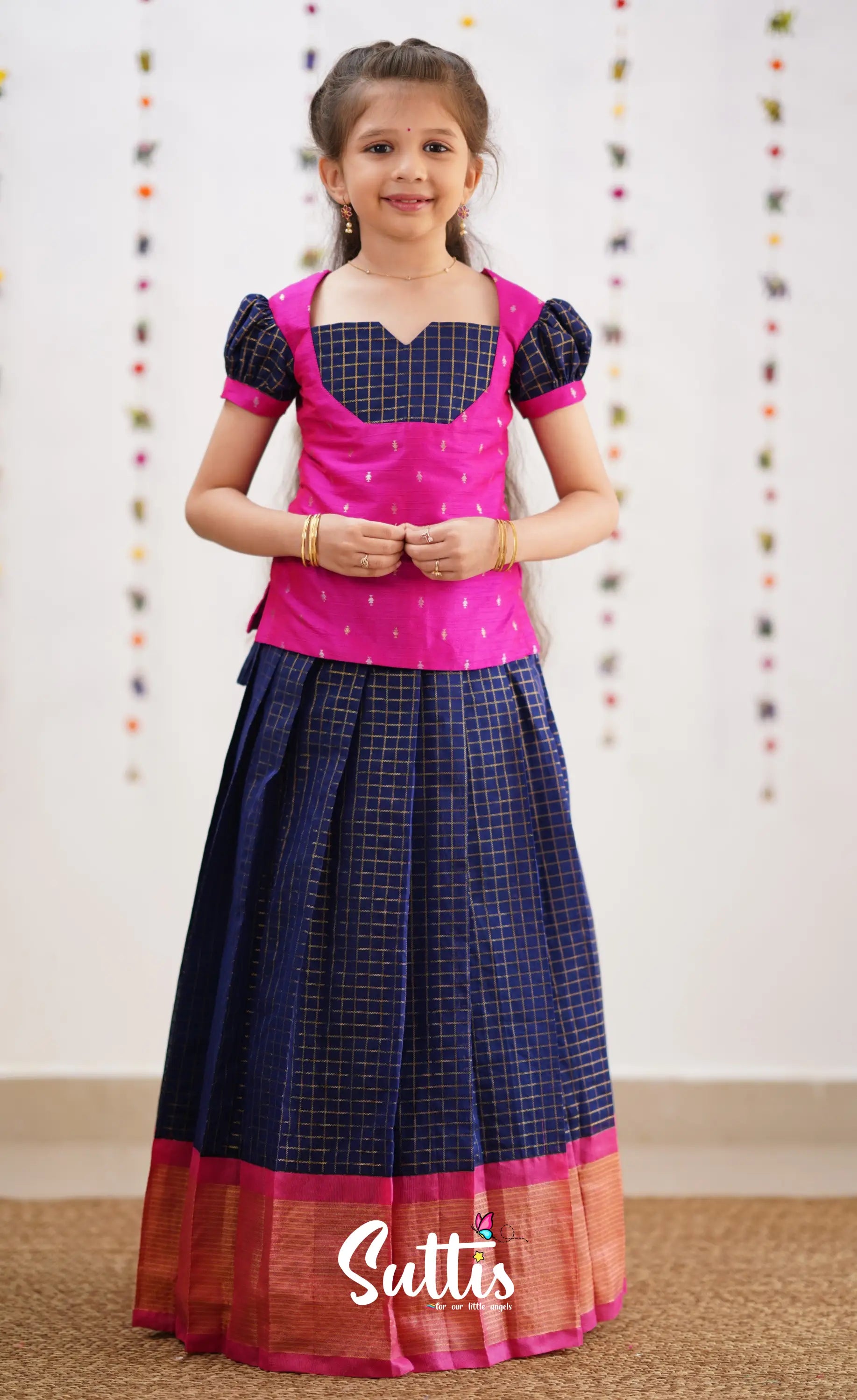 Sayuri Silk Cotton Pavadai Sattai - Navy Blue Kids-Suttis