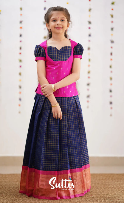 Sayuri Silk Cotton Pavadai Sattai - Navy Blue Kids-Suttis